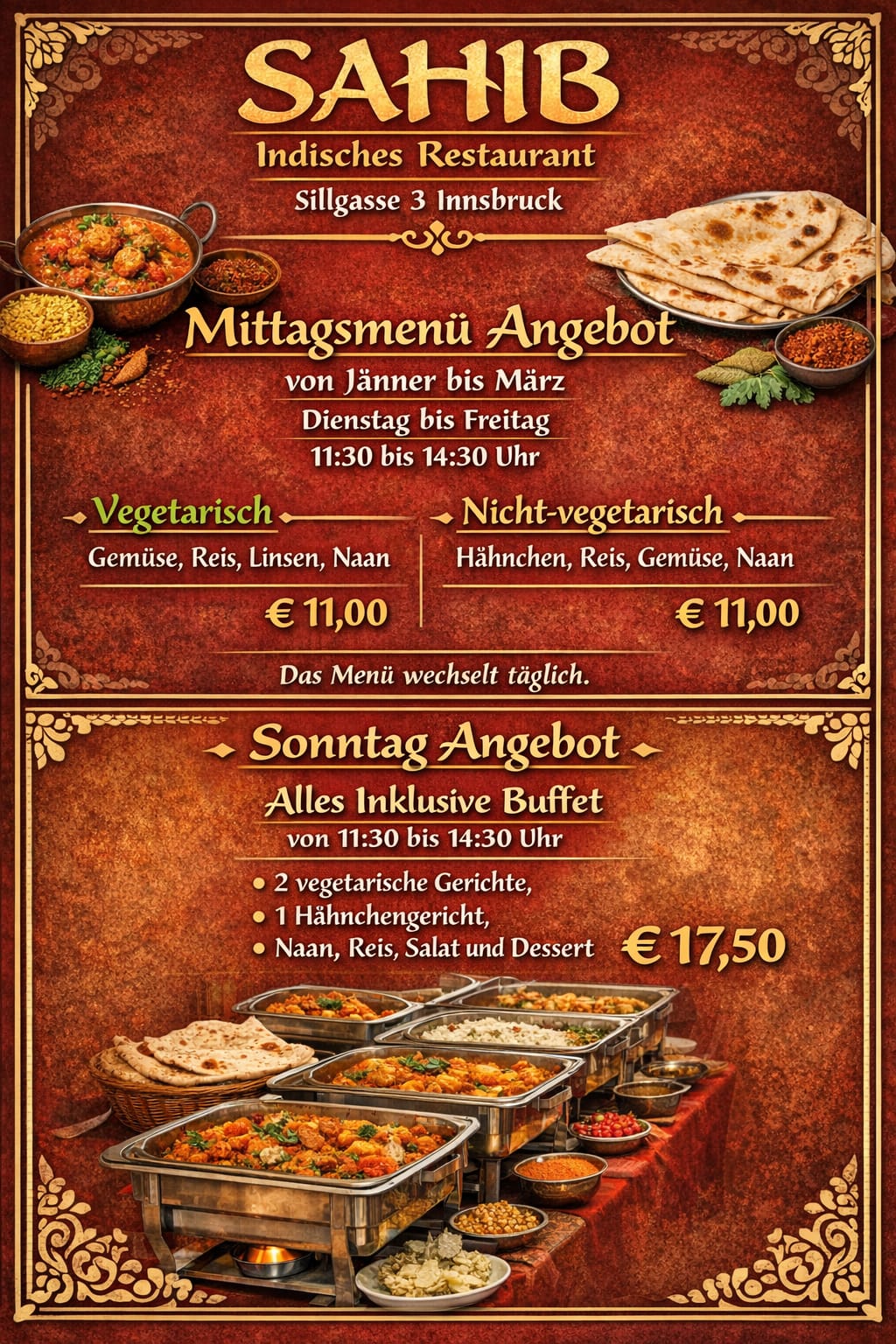 Mittags- und Sonntagsangebote im Sahib Innsbruck